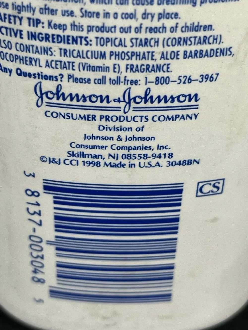HTF VTG 1988 Johnson's Baby Powder 9oz‎ Pure Cornstarch Aloe & Vit E MADE IN USA